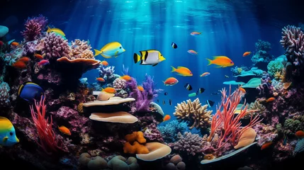 Poster beautiful underwater scenery with various types of fish and coral reefs © ginstudio