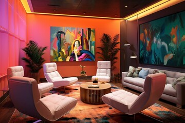 Colorful lounge with leather furniture and neon painting, perfect for den, meeting, therapy, and work-from-home. Generative AI