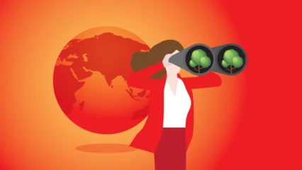 Fotobehang A businesswoman uses binoculars to find a tree with red and hot earth. Environmental concern, Net zero carbon footprint emission, Sustainability, Global heating, Climate emergency, and crisis concept. © kora_sun