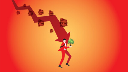 A businessman holds on a down graph of CO2e and a tree, to protect the earth. Net zero carbon footprint emission, Sustainability, Global heating, Climate emergency, crisis, red, and hot environmental.
