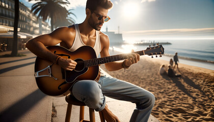 Guitarra na praia - obrazy, fototapety, plakaty