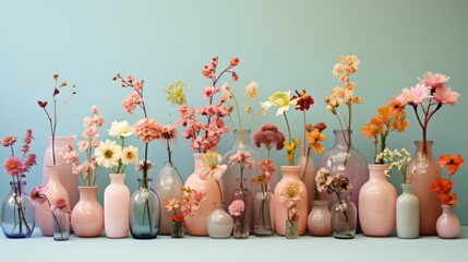 Pastel colored summer flowers, vases and background. Made with Generative AI.