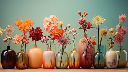 Pastel colored summer flowers, vases and background. Made with Generative AI.