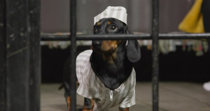 Dachshund dog in robe, cap, prisoner in cell parody Iron door of cell closes, pitiful appearance of criminal, suspect Children quest, Halloween costume party Punishing naughty pet puppy Animal cruelty