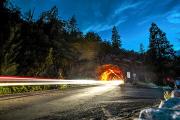 Light Trails by Wawona Tunnel at Night - Yosemite National Park, California