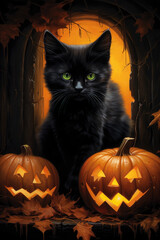 Jack o lantern pumpkin faces and black cat