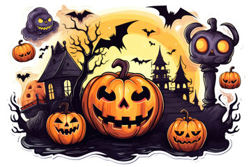 Witch and pumpking halloween elements sticker isolated on a white background