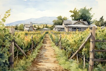 Fototapeta na wymiar Watercolor illustration of a vineyard with grapes hanging on a trellis. Generative AI