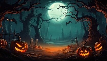 Fototapeta premium Background with tree branches, graves, bat silhouettes and pumpkins