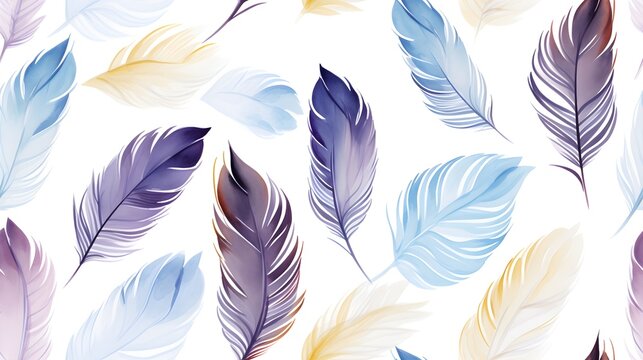 Fototapeta Flat watercolor feather repeating pattern tile feathers seamless background pattern with feathers pattern tile, seamless pattern with feathers