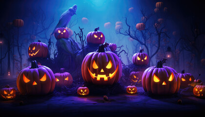 Fototapeta premium Neon lights colorful halloween background with jack o lantern pumpkin faces