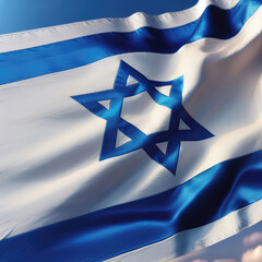 Israeli flag on cloudy blue sky background