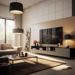 Experience the beauty of a contemporary living room interior design. A blend of style and comfort in a harmonious space Created with generative AI tools.