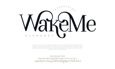 Wakeme premium luxury elegant alphabet letters and numbers. Elegant wedding typography classic serif font decorative vintage retro. Creative vector illustration