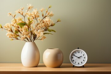 still life with flowers and clock