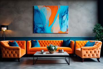 Modern living room with art deco design: orange and blue tufted sofas near a stucco wall.