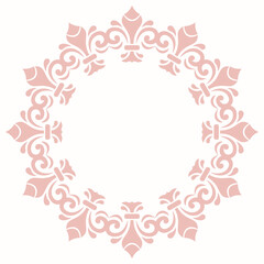 Oriental round frame with arabesques and floral elements. Floral pink border with vintage pattern. Greeting card with circle and place for text