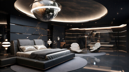 luxury simply minimalist bedroom with space theme, giant bed, sofa,