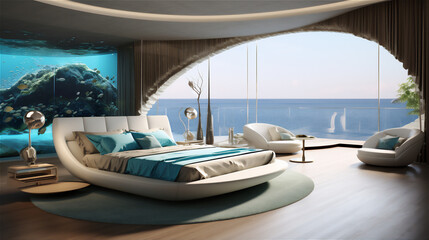 Fototapeta premium luxury simply minimalist bedroom with ocean theme, giant bed, sofa,