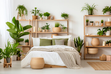 Scandinavian modern bedroom with many green potted houseplants and a wooden shelf. 