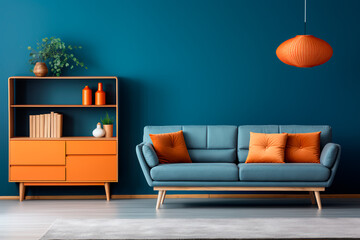 Modern living room Scandinavian interior : vibrant blue sofa, blue wall, wooden cabinet, and shelves.