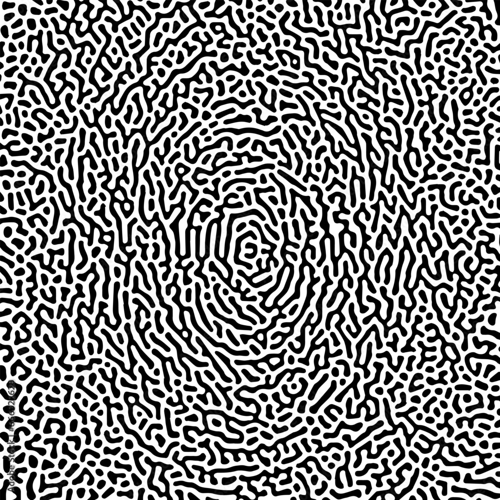 Poster turing reaction diffusion monochrome seamless pattern. radial element abstract. vector format