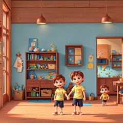 children playing in the room filled with toys