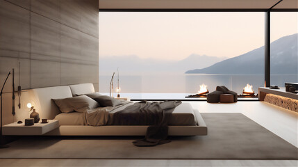 luxury simply minimalist bedroom with autumn theme, giant bed, sofa,
