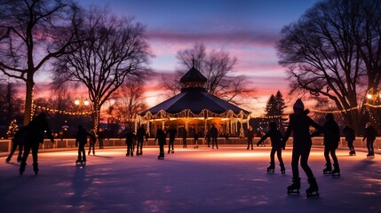Silhouettes of people ice skating in the twilight

