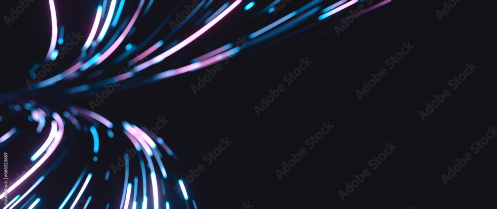 Poster 3d rendering of abstract curve light. blur glowing neon led. large copy space area. for technology p