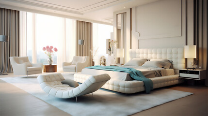 luxury simply minimalist bedroom with feminine theme, giant bed and sofa.