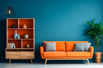 Modern living room Scandinavian interior vibrant orange sofa,blue wall,wooden cabinet,and shelves.