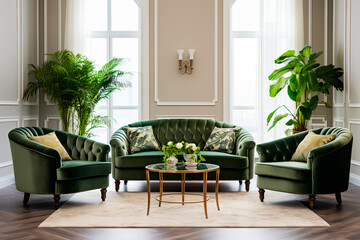 Classic living room features a green velvet tufted sofa and two inviting armchairs 