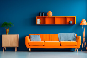 Modern living room Scandinavian interior vibrant orange sofa,blue wall,wooden cabinet,and shelves.