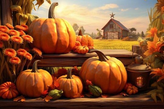 Autumn pumpkins with a harvest and Thanksgiving ambiance, created using a three-dimensional rendering technique. Generative AI
