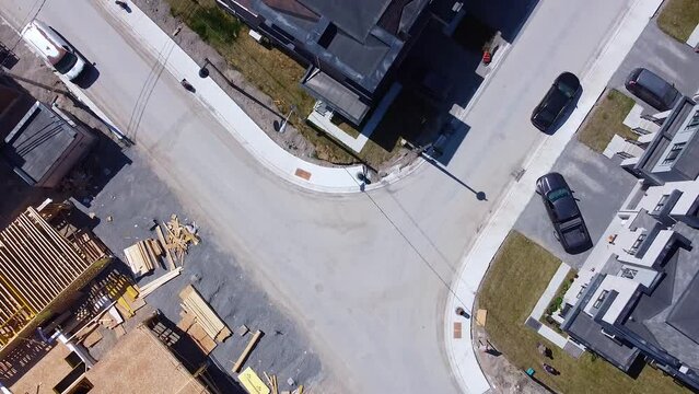 Top down of new home construction in suburban housing development community