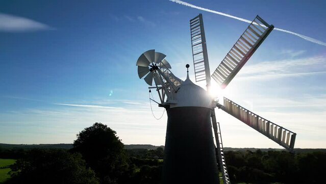 Waltham windmill. Aerial drone video clip of the historical working windmill. Only six sailed windmill in the UK