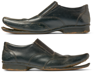 set of old used business shoes isolated white background, black dirty leather formal shoes or footwear in different angles