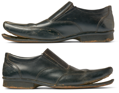 set of old used business shoes isolated white background, black dirty leather formal shoes or footwear in different angles