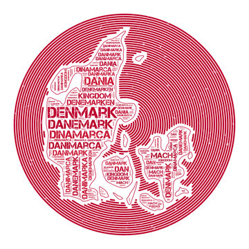 Denmark Vector Image. Country round logo design. Denmark poster in circular arcs and wordcloud style. Powerful vector illustration.