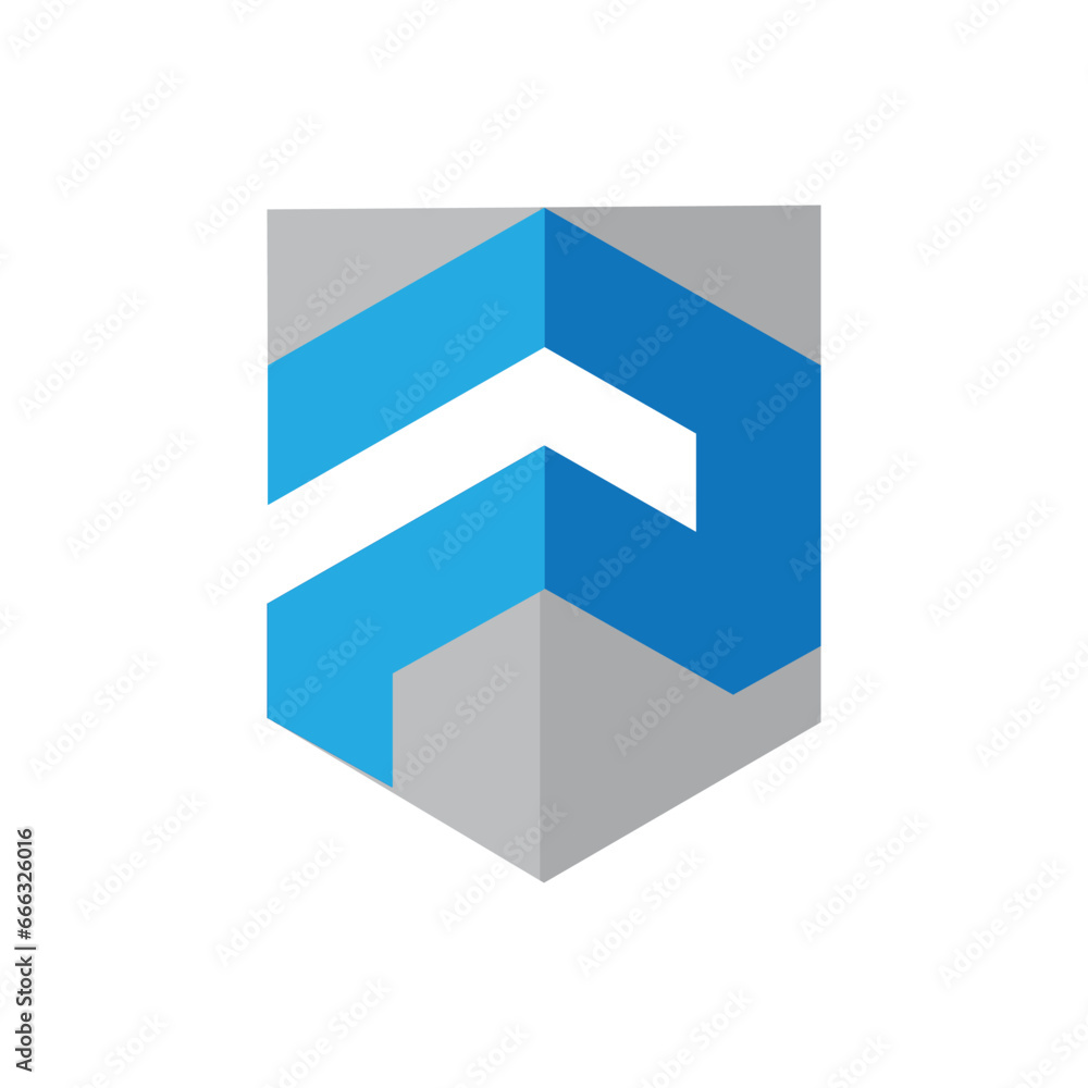 Poster this is a simple logo image in flat style that depicts a shield with a letter p on it in blue color