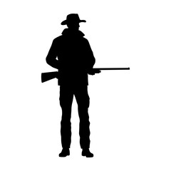 Hunter silhouettes, man hunter with gun silhouette on white background