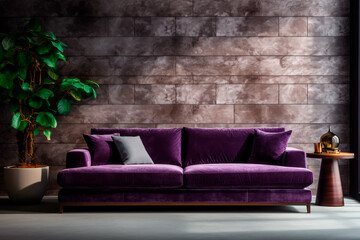 Modern living room interior design: Velvet sofa against stone paneling wall.