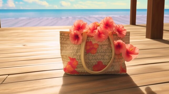 On a wooden table a summer beach bag generative ai