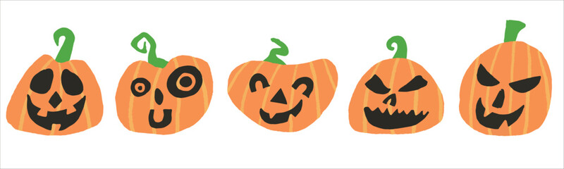 Happy Halloween Pumpkins. Orange pumpkins with smile.  Vector illustration. Hand drawing.