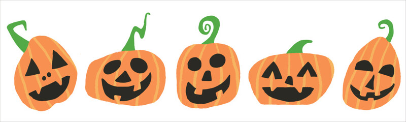 Happy Halloween Pumpkins. Orange pumpkins with smile.  Vector illustration. Hand drawing.