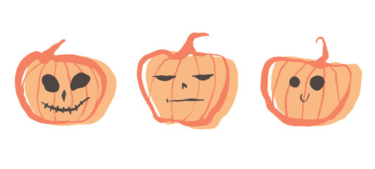 Happy Halloween Pumpkins. Orange pumpkins with smile.  Vector illustration. Hand drawing.