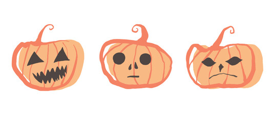 Happy Halloween Pumpkins. Orange pumpkins with smile.  Vector illustration. Hand drawing.