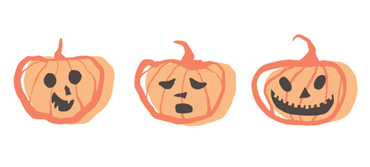 Happy Halloween Pumpkins. Orange pumpkins with smile.  Vector illustration. Hand drawing.