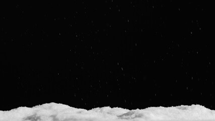 Night snowfall. Snow pile. Abstract illustration of blur white flakes falling on pile defocused ice particles on dark winter empty space sky.